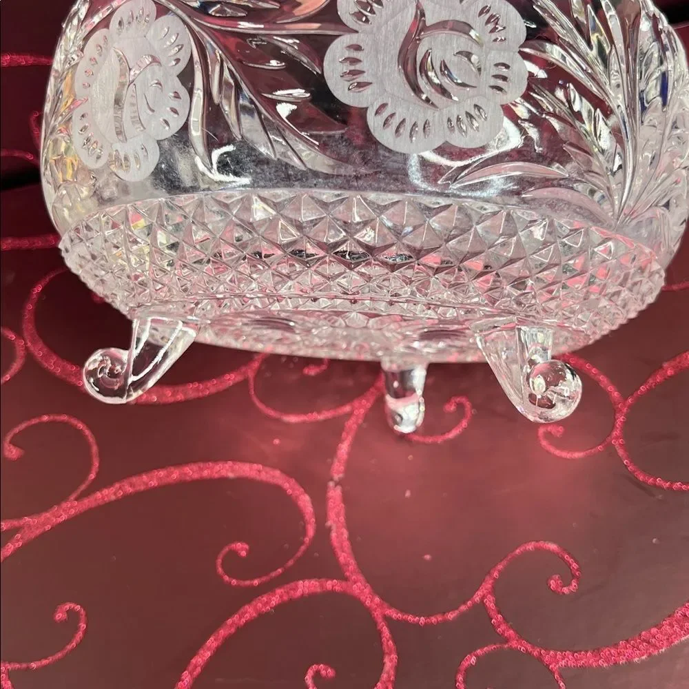 Vintage Cut Crystal Glass Footed Bowl Etched Flower on Sides Very Heavy